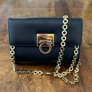 Salvatore Ferragamo Gancini Black Leather Gold Chain Clutch Crossbody Bag